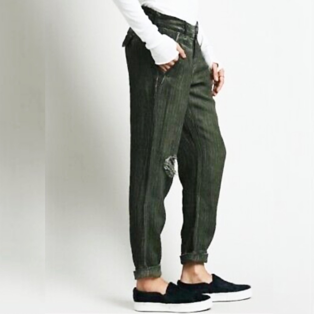 Free People Army Green Herringbone Distressed Relaxed Pants Size 4